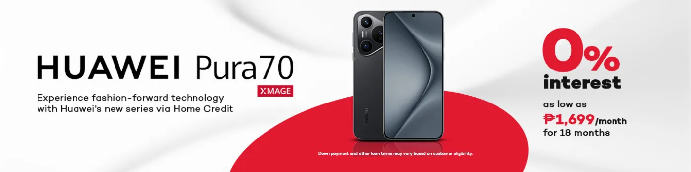 Banner featuring the new Huawei Pura 70 at 0% Interest available vie homecredit