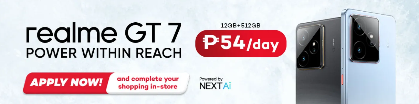 Banner showing Realme GT 7 for as low as P54 per day.