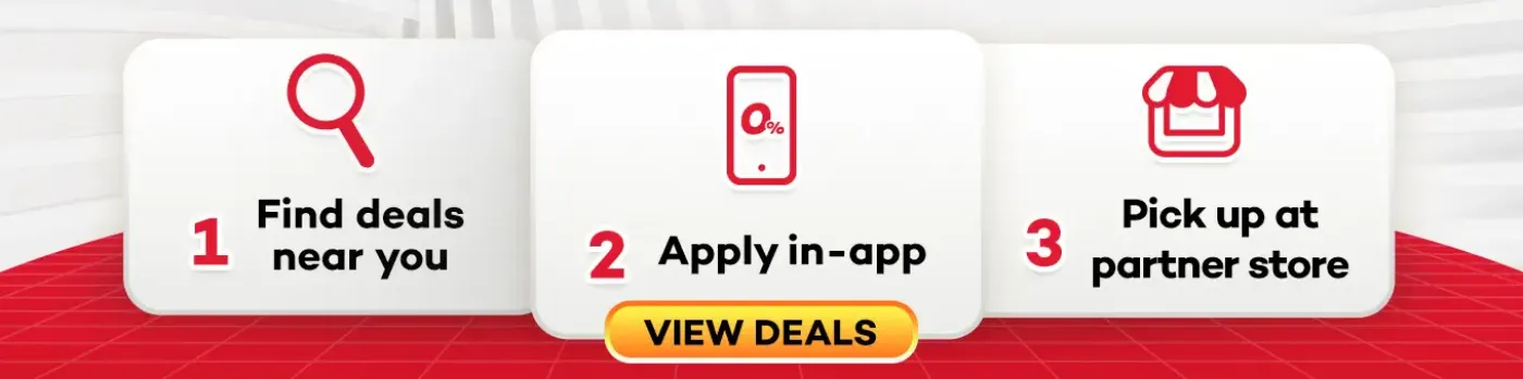Banner showing Find Deals Near you, apply in app and pick up in store!